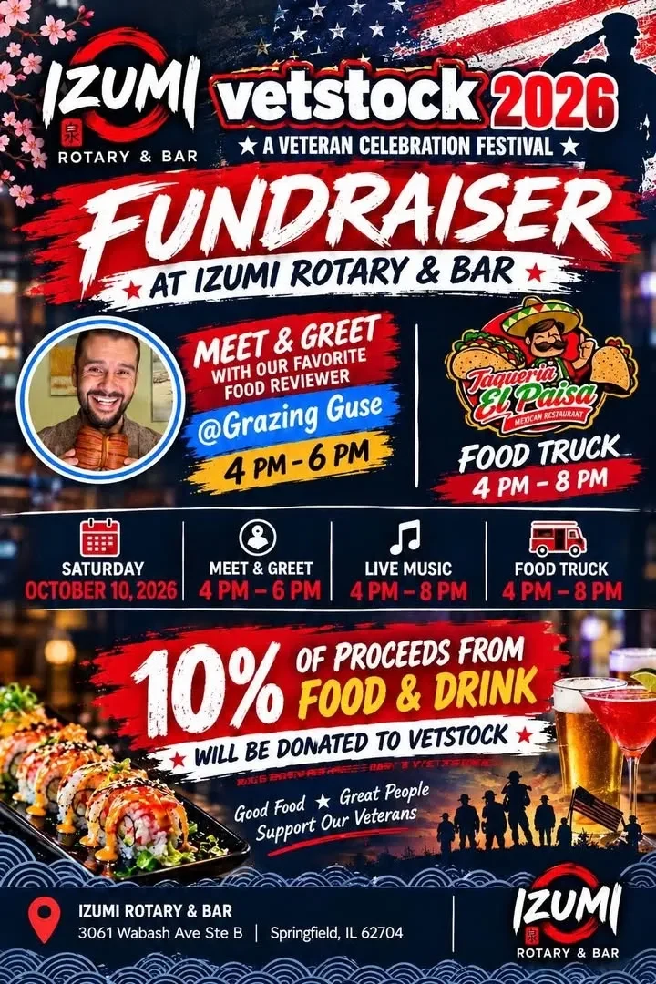 Vetstock 2026 fundraiser flyer at Izumi Rotary and Bar on Saturday, October 10, 2026. Meet and greet with food reviewer Grazing Guse, 4 to 6 p.m. Taqueria El Paisa food truck and live music, 4 to 8 p.m. Ten percent of food and drink proceeds are donated to Vetstock.